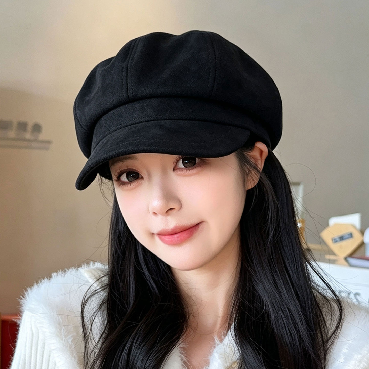 光板麂皮绒八角帽子女鸭舌帽图片