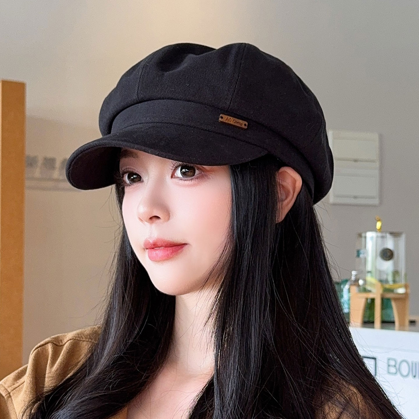 黑色鸭舌贝雷帽女八角帽画家帽子图片