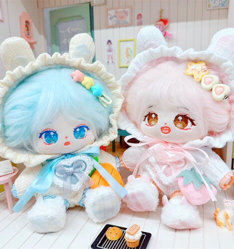 现货20cm棉花娃娃毛绒玩具娃衣服白色针织水果兔爬服连体衣换装