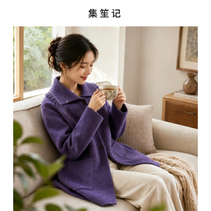海军领羊毛大衣女中长款呢子外套