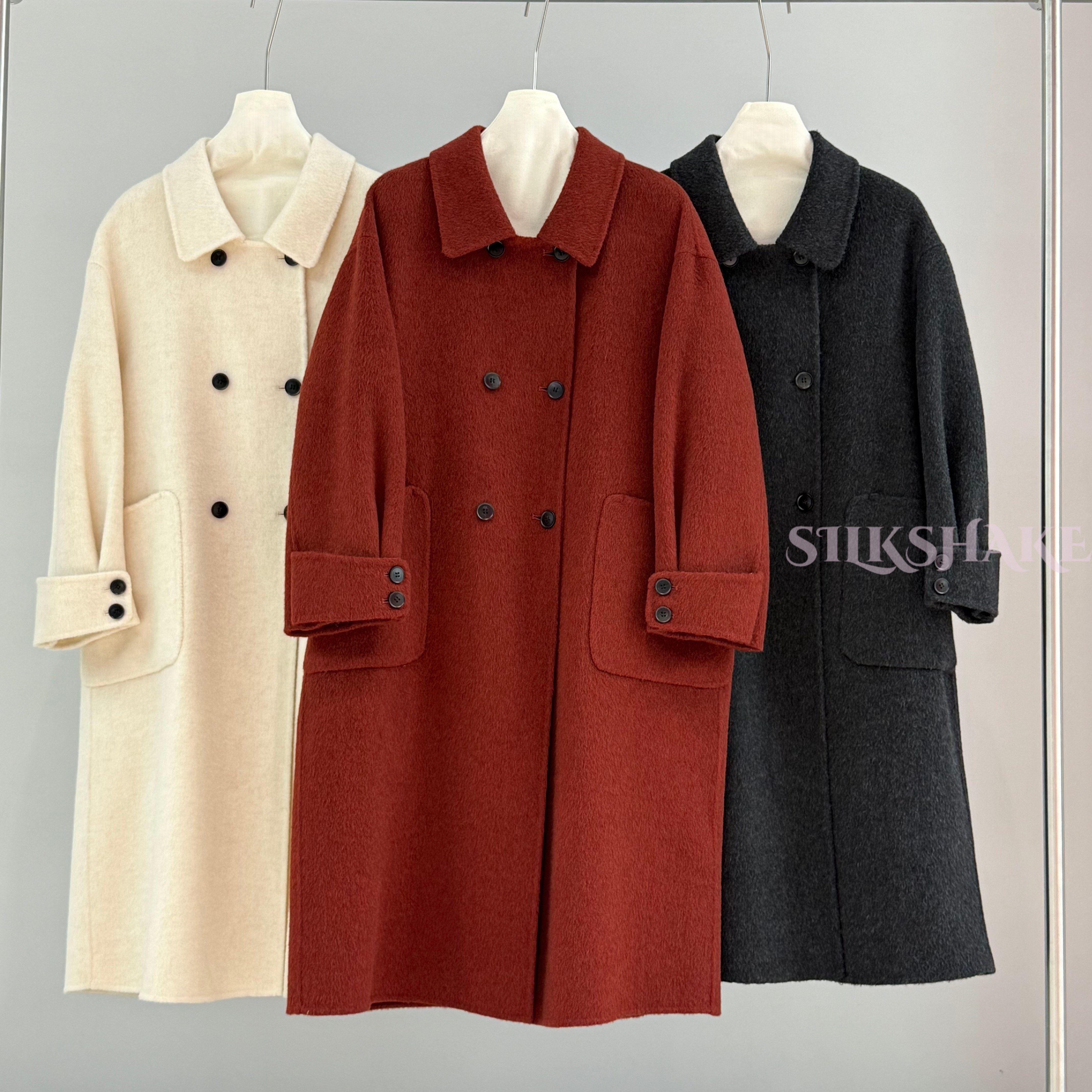 双面羊毛大衣女中长款秋冬新款翻领双排扣毛呢外套通勤百搭酒红色