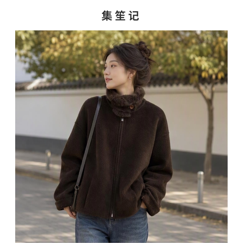 短款立领毛领拉链羊毛大衣女秋冬
