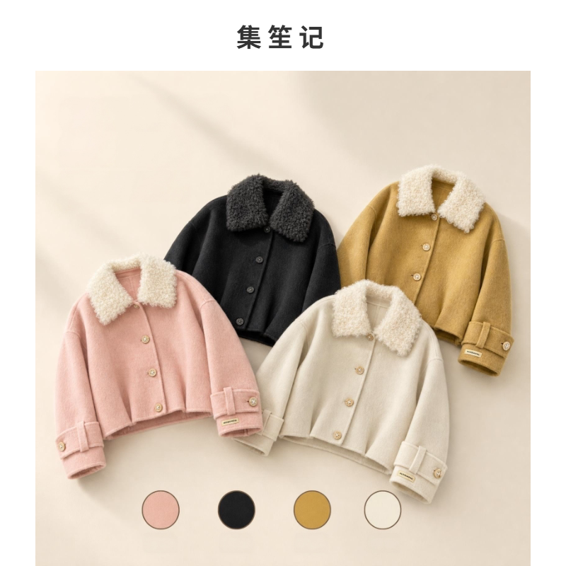 羊毛呢短款大衣女羊羔毛领显瘦款