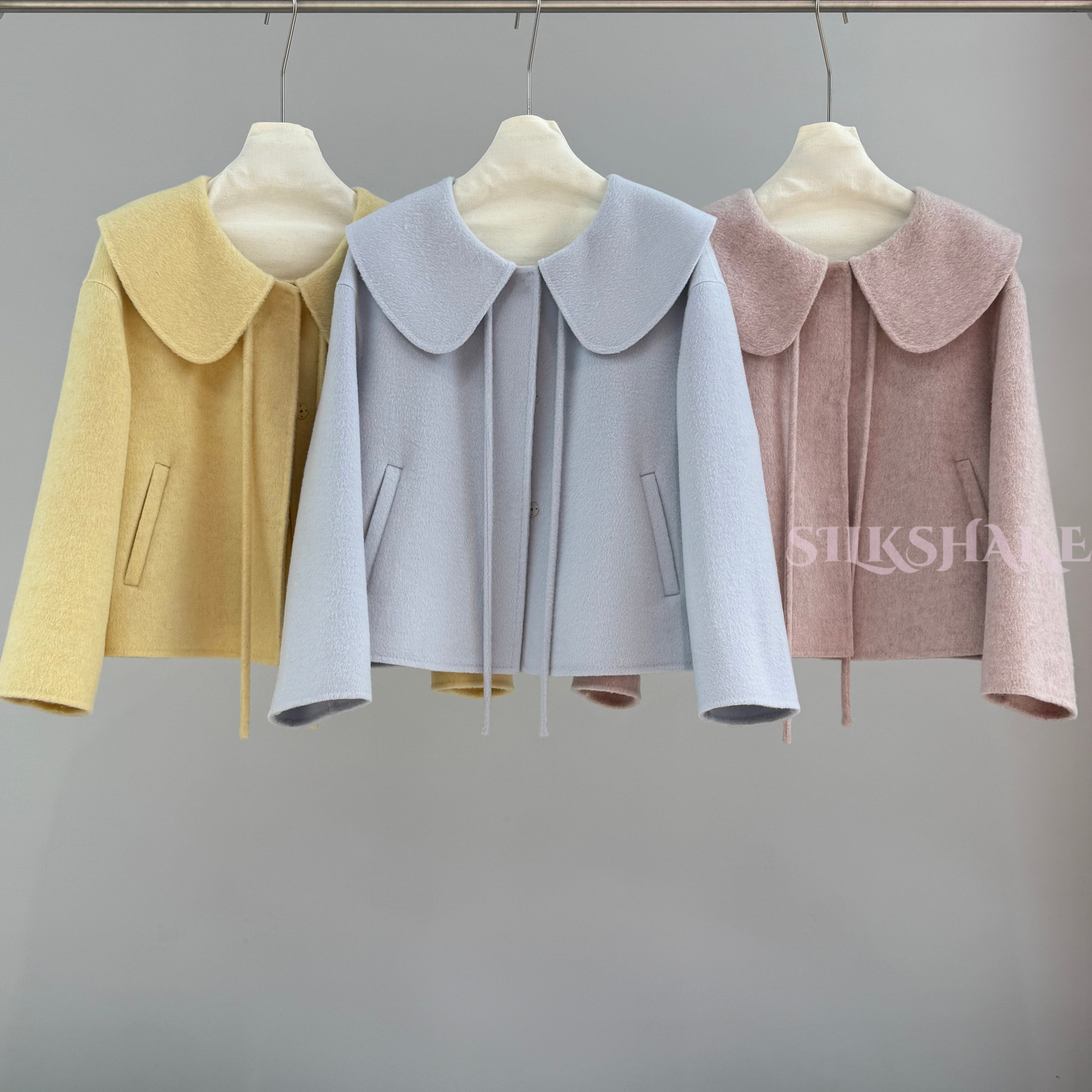 娃娃领系带设计双面呢大衣短款