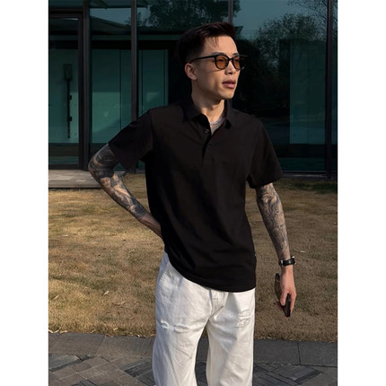 黑色冰丝短袖男polo衫夏季美式亨利领正肩t恤高级感痞帅重磅半袖