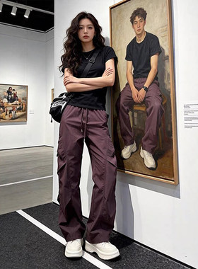 紫色伞兵褶皱速干裤子男女夏季户外机能防水工装冲锋裤美式运动裤
