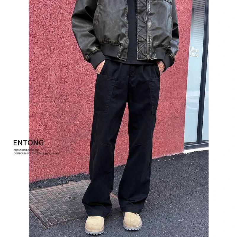 Entong美式高街vibe黑色休閑工裝褲男生高級(jí)感痞帥寬松直筒微喇褲