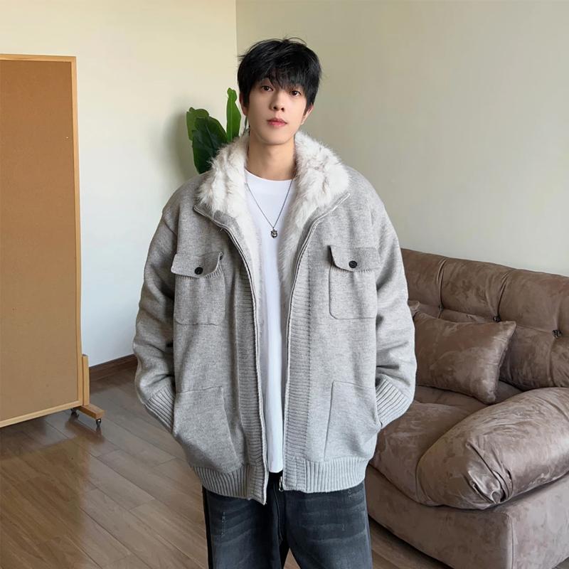 美式复古座山雕毛绒高领毛衣开衫男冬季重磅加绒保暖针织棉衣外套