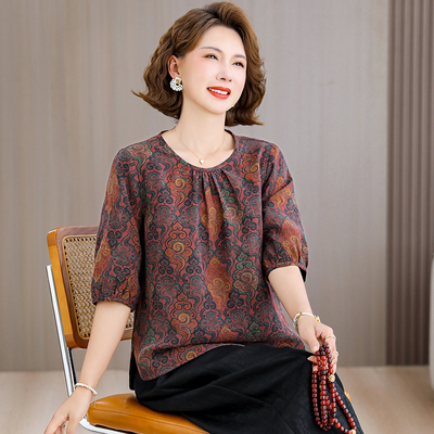 新中式国风中年妈妈印花上衣2026夏新款减龄显瘦百搭衬衫女