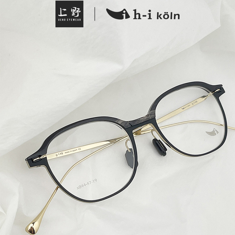 德国正品H-I KOLN手工制作天然牛角纹理极简钛金属近视眼镜架X844