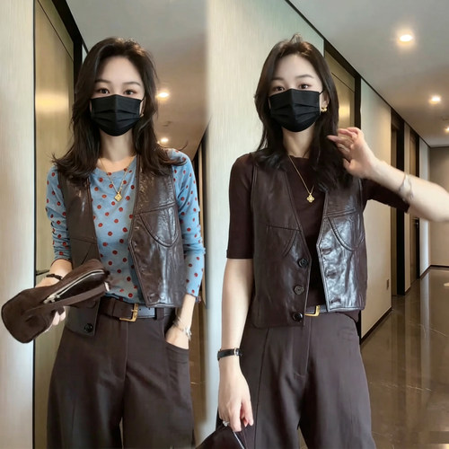 PU皮马甲女短款显瘦阔腿风