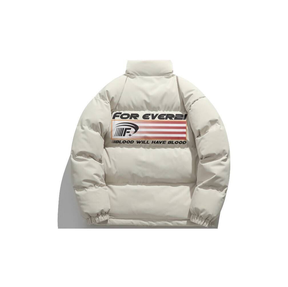 FOREVER21x美式复古旗帜字母印花Logo保暖立领加厚面包棉服外套