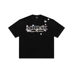 achock美式国潮街头手绘字母时尚蝴蝶印花短袖T恤 男女同款