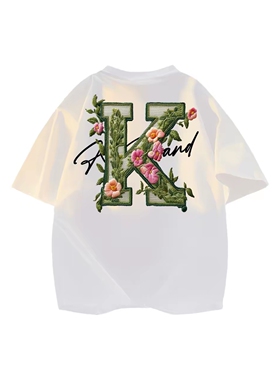 科朴kepu 美式高街潮品仿刺绣开花大字母K印花短袖T恤 男女同款