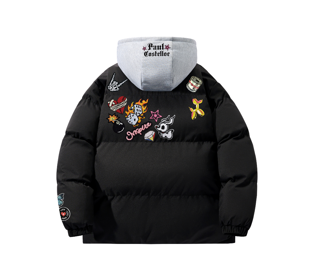 保罗.科斯特洛 仿刺绣涂鸦恶搞印花美式假两件连帽立领保暖棉服