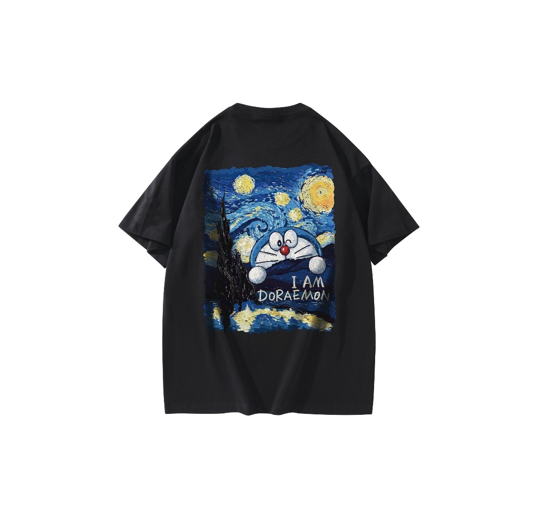 Doraemon/哆啦A梦 复古星空油画机器猫印花圆领T恤短袖 男女同款图片