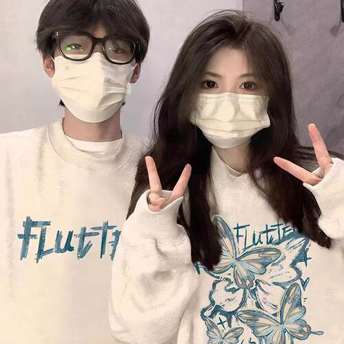 FOCK情侣装卫衣2024新款秋冬季小众不一样靛蓝线条彩蝶高级感外套