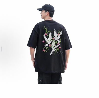 TONYKRZ 美式高街和平鸽藤蔓花朵字母logo印花短袖T恤 男女同款