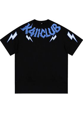 K411美式高街哥特字母印花校园百搭侧边袖子闪电时尚休闲T恤