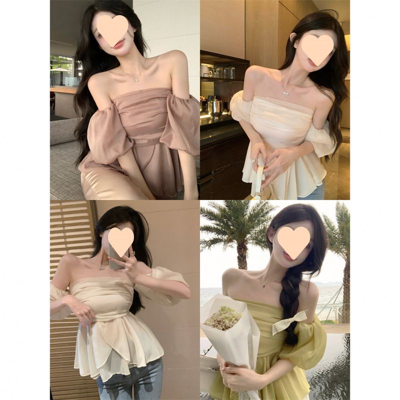 法式一字肩芥末绿色泡泡袖衬衫女2025夏季新款设计感别致百搭