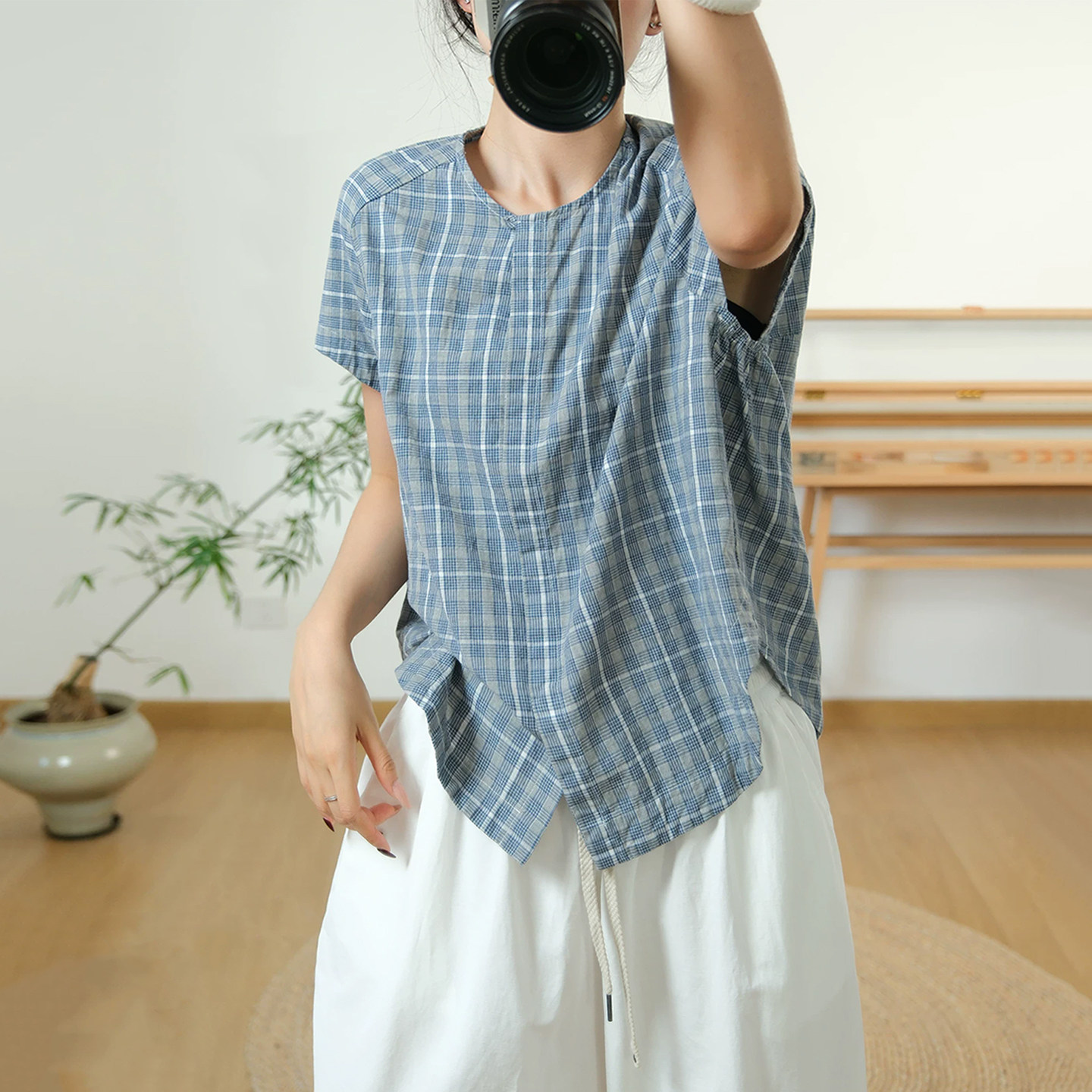 古与色夏季文艺复古蝙蝠袖宽松大码百搭的舒适棉料格子衬衫女上衣