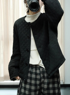 文艺菱格宽松夹棉短外套棉服女冬