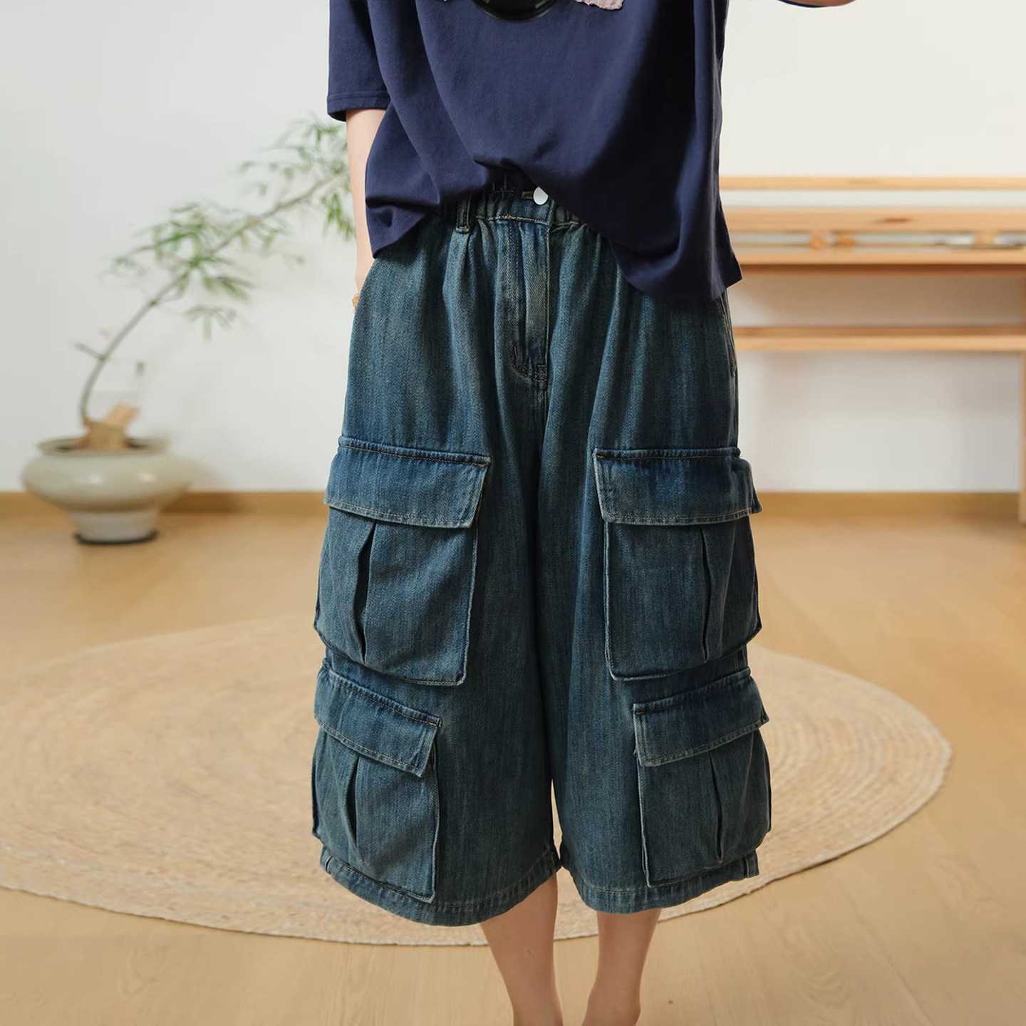 古与色春夏季文艺复古工装口袋宽松大码个性高腰牛仔阔腿七分裤女