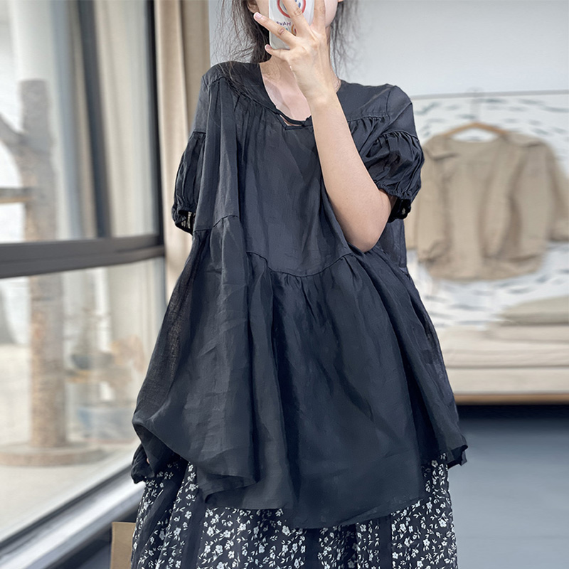 古与色夏季原创森女纯色拼接褶皱套头宽松衬裙娃娃衫短袖麻料衬衫