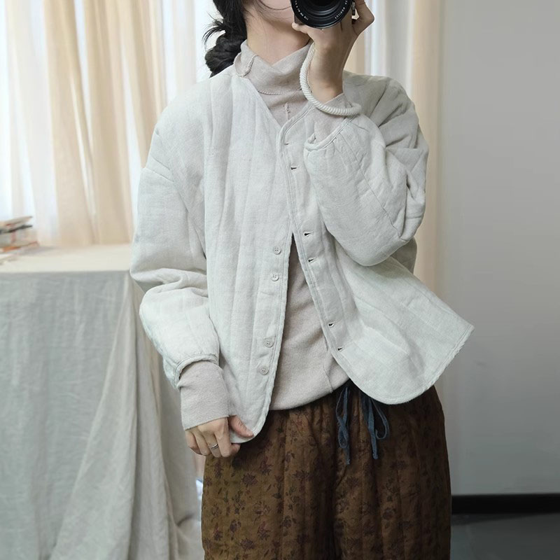 秋款新品日韩休闲净色竖条纹低圆领宽松单排扣夹棉外套棉服女开衫