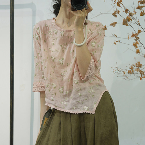宽松文艺套头中袖苎麻绣花衬衫女