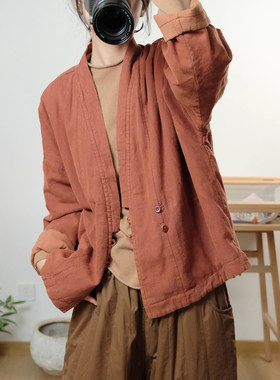 文艺V领宽松亚麻夹棉外套棉服女