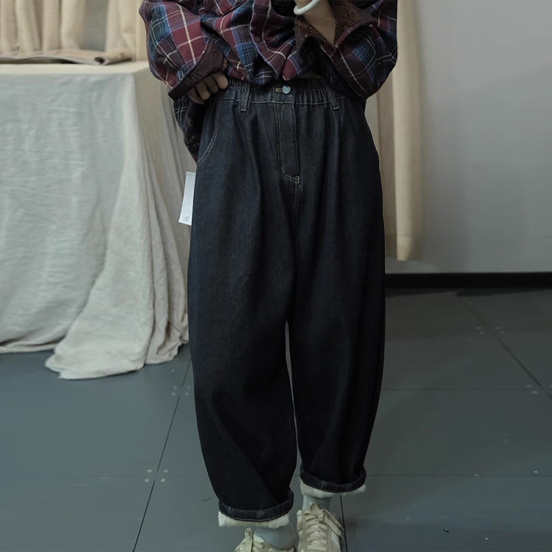 古与色冬季韩版复古水洗宽松大码休闲长裤松紧腰牛仔加绒哈伦裤女