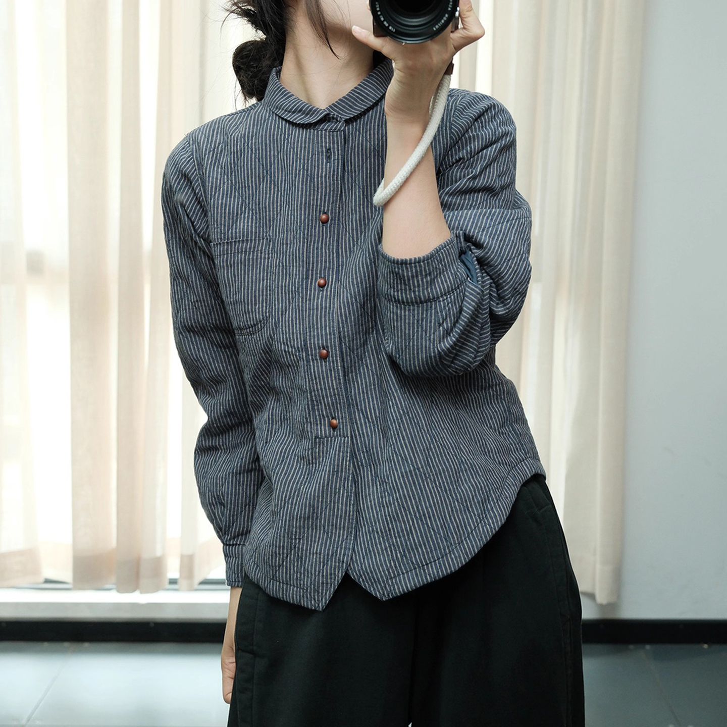 秋冬新中式时尚复古文艺口袋拼接宽松休闲亚麻双层条纹衬衫棉衣女