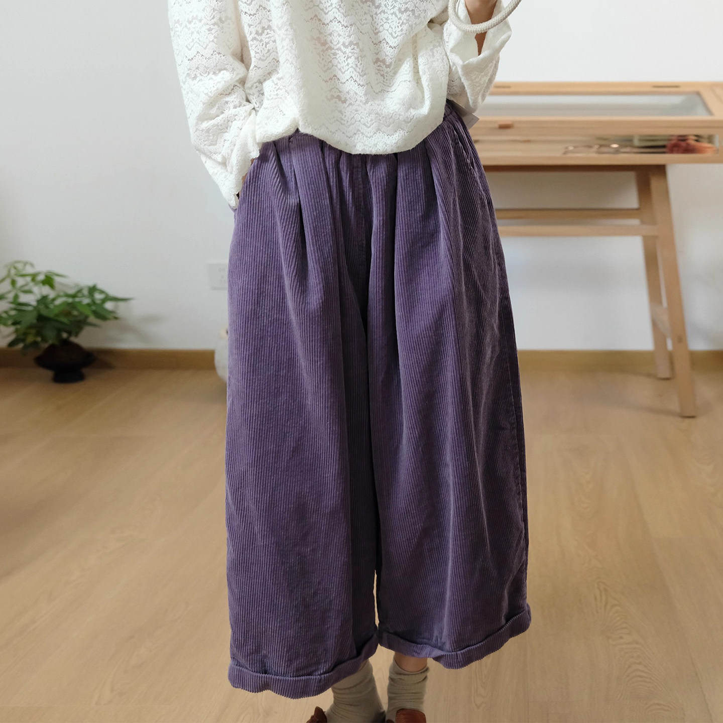 古与色冬季文艺复古高腰宽松大码休闲舒适灯芯绒加里衬阔腿长裤女,女装/女士精品,休闲裤,淘宝优惠券,粉丝福利购,淘宝优惠卷