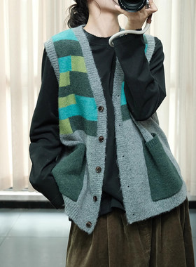 森女提花宽松棉质针织毛衣马甲冬