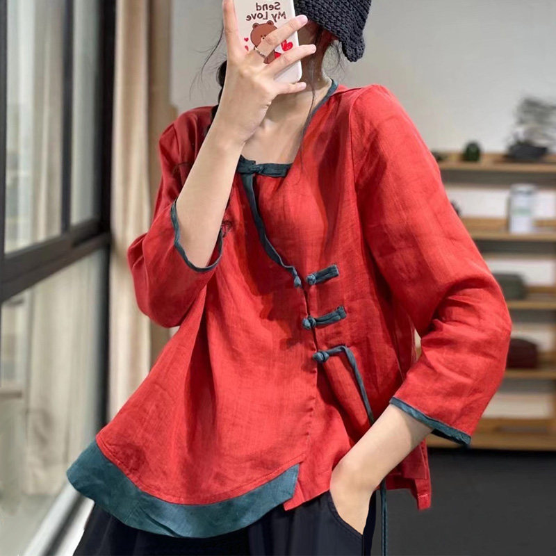 古与色夏季复古不规则宽松开衫衬衣小清新撞色盘扣麻料衬衫上衣女
