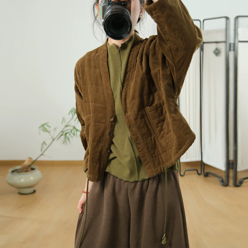 文艺宽松灯芯绒夹棉短外套棉服女