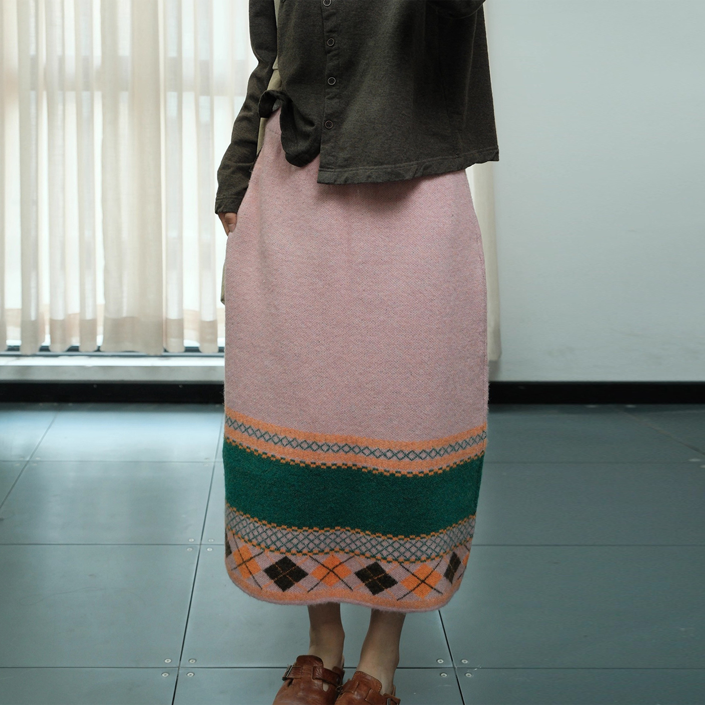 古与色 秋冬森女文艺宽松A字中长裙松紧高腰条纹棉质针织裙半身裙