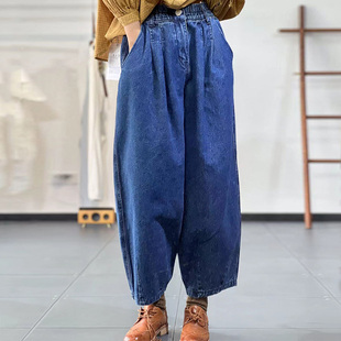 哈伦裤 古与色秋季 百搭牛仔裤 港味水洗松紧高腰宽松休闲长裤 女 韩版