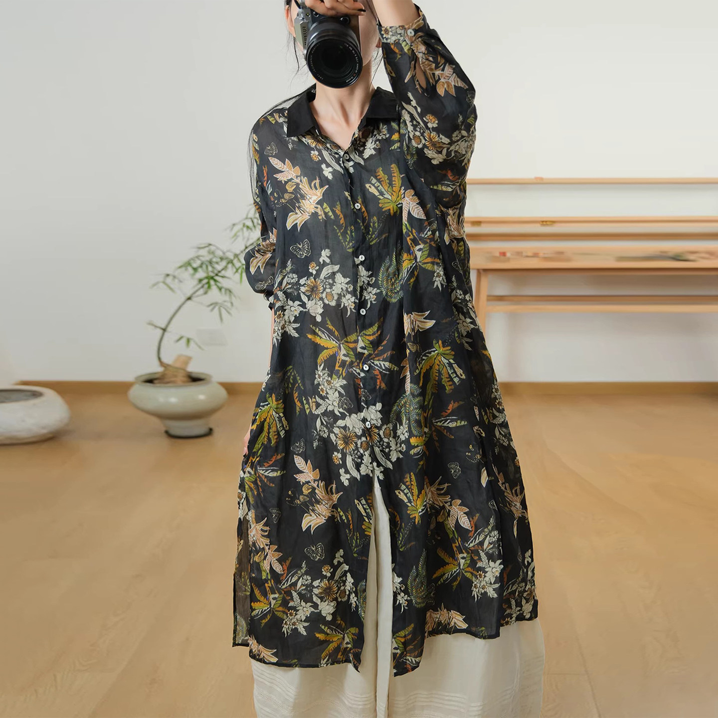 古与色夏季文艺复古印花单排扣宽松中长款气质轻薄苎麻衬衫连衣裙