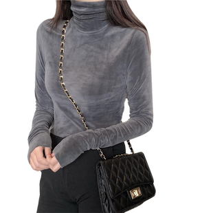 金丝绒打底衫女春秋冬季新款加绒加厚长袖t恤保暖内搭高领上衣服