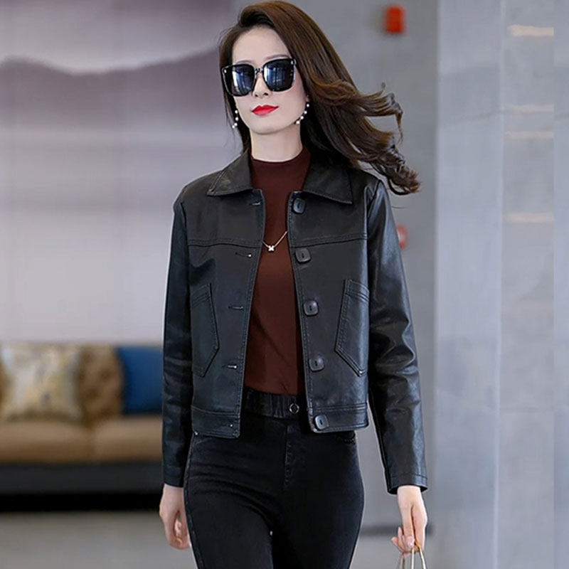 海宁黑色皮衣女短外套2024秋冬爆款加棉小个子机车皮夹克休闲上衣