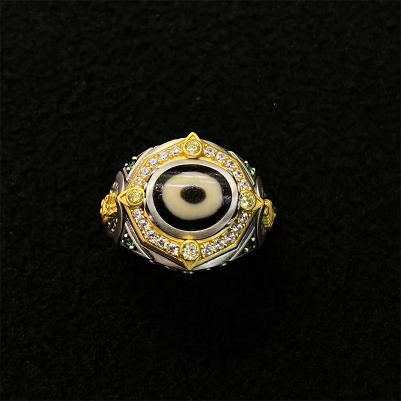 【藏玺物与悟/缘】 S925纯银镶嵌吐宝鼠F螺戒指精工银饰天珠指环