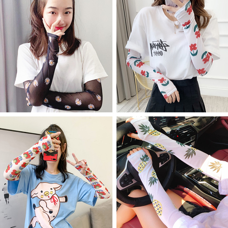 泫雅风冰袖女透气网纱网红款袖套防晒夏季护臂ins旅游开车漏指套