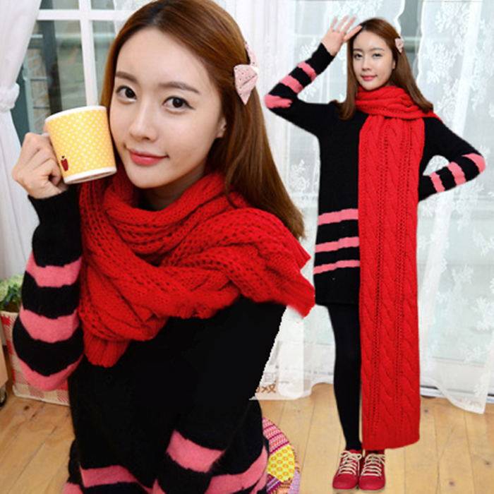 白色加厚款麻花毛线围巾男女通用情侣款针织黑色秋冬保暖八字长巾