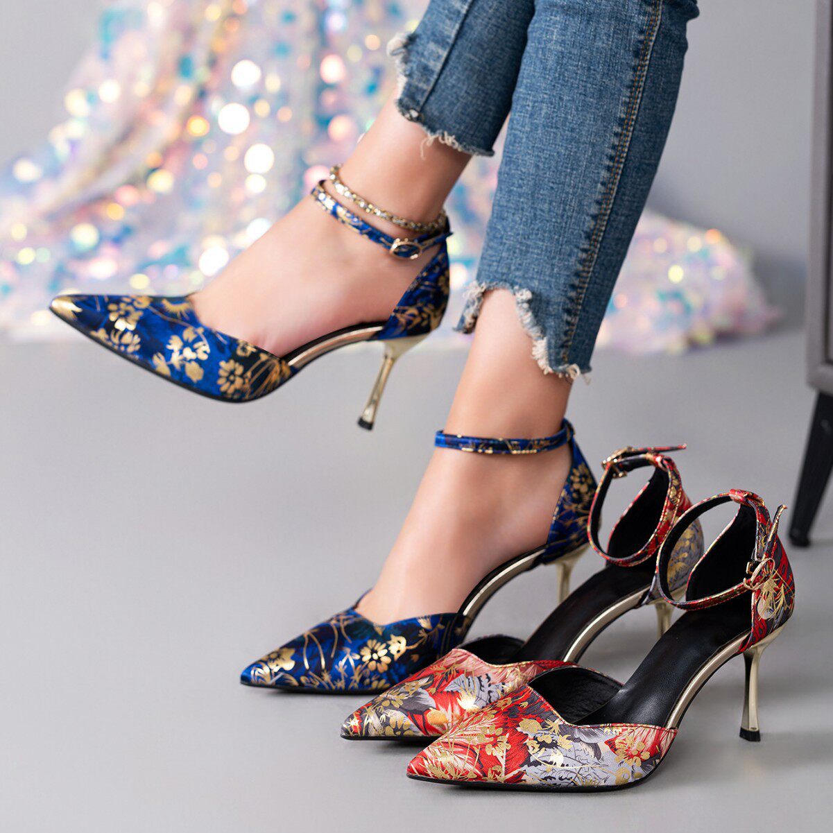 25尖头拉丁舞鞋女软底舞会摩登舞蹈鞋印花带钻扣跳舞优雅高跟凉鞋