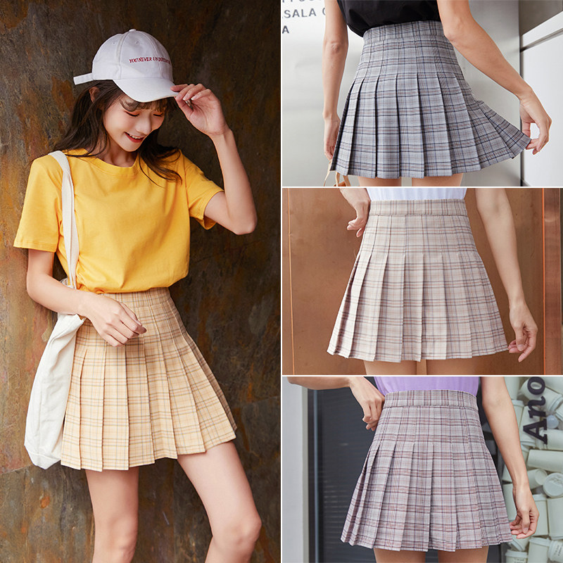 格子百褶裙女夏新款显瘦大码a字小短裙黑白色裙裤秋冬高腰半身裙
