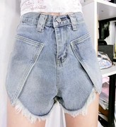 XLX 2019 eo cao mùa hè Một từ không đều tua rua túi lớn chân rộng Quần short denim Hàn Quốc - Quần jean