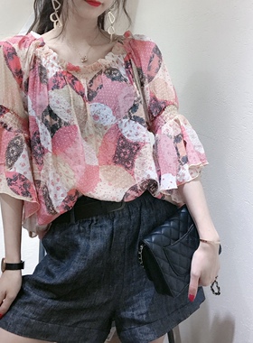茗苒粉色碎花衬衫女荷叶袖宽松显瘦设计感小众超仙气质薄款上衣夏