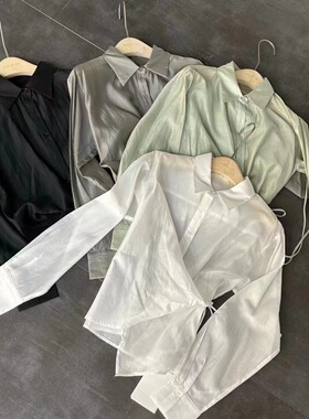 ZIXI设计感小众系带收腰防晒衬衫女夏季宽松单排扣POLO领天丝上衣